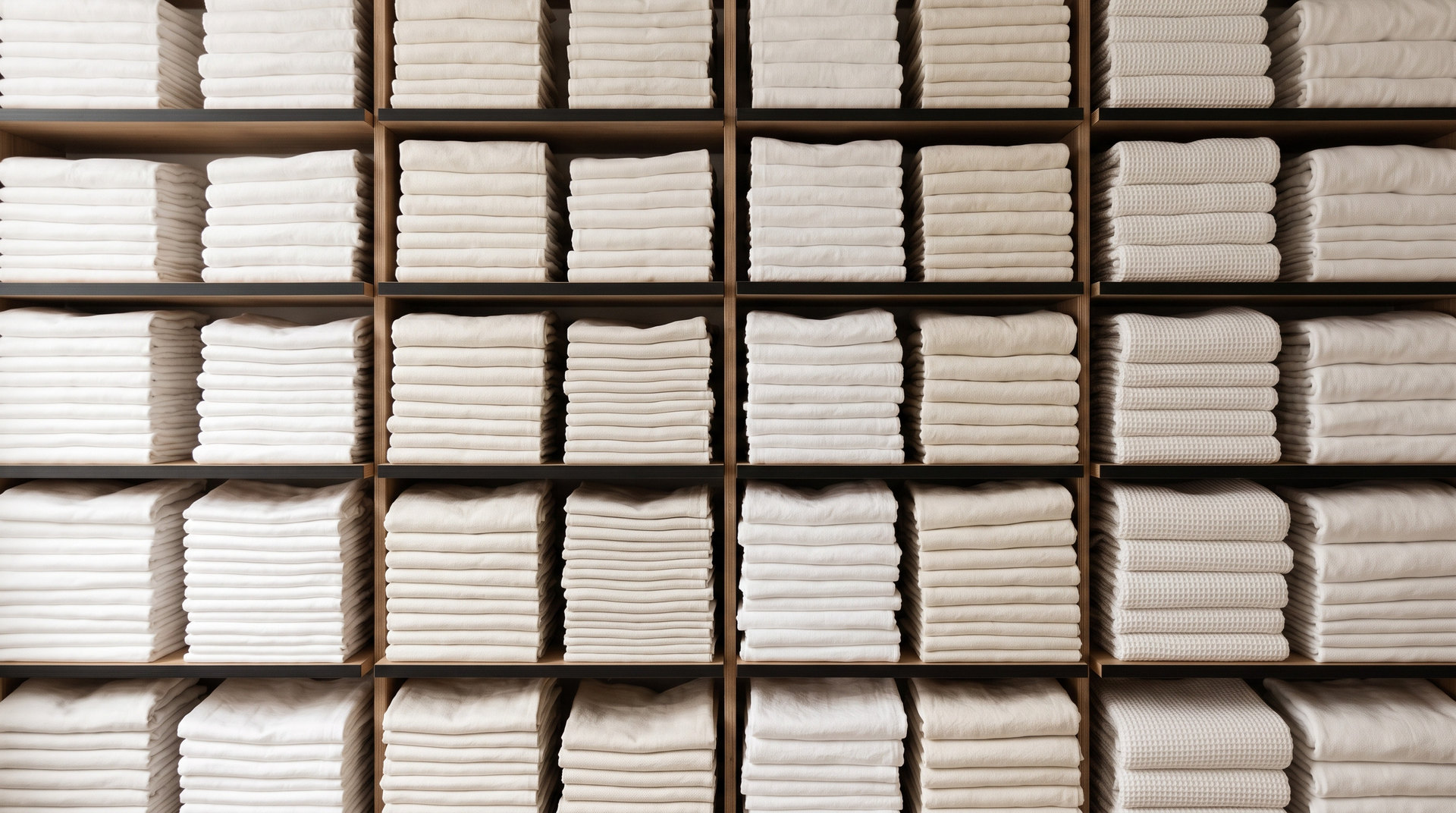 A wall of folded white linen in stacked rows, ready for a route