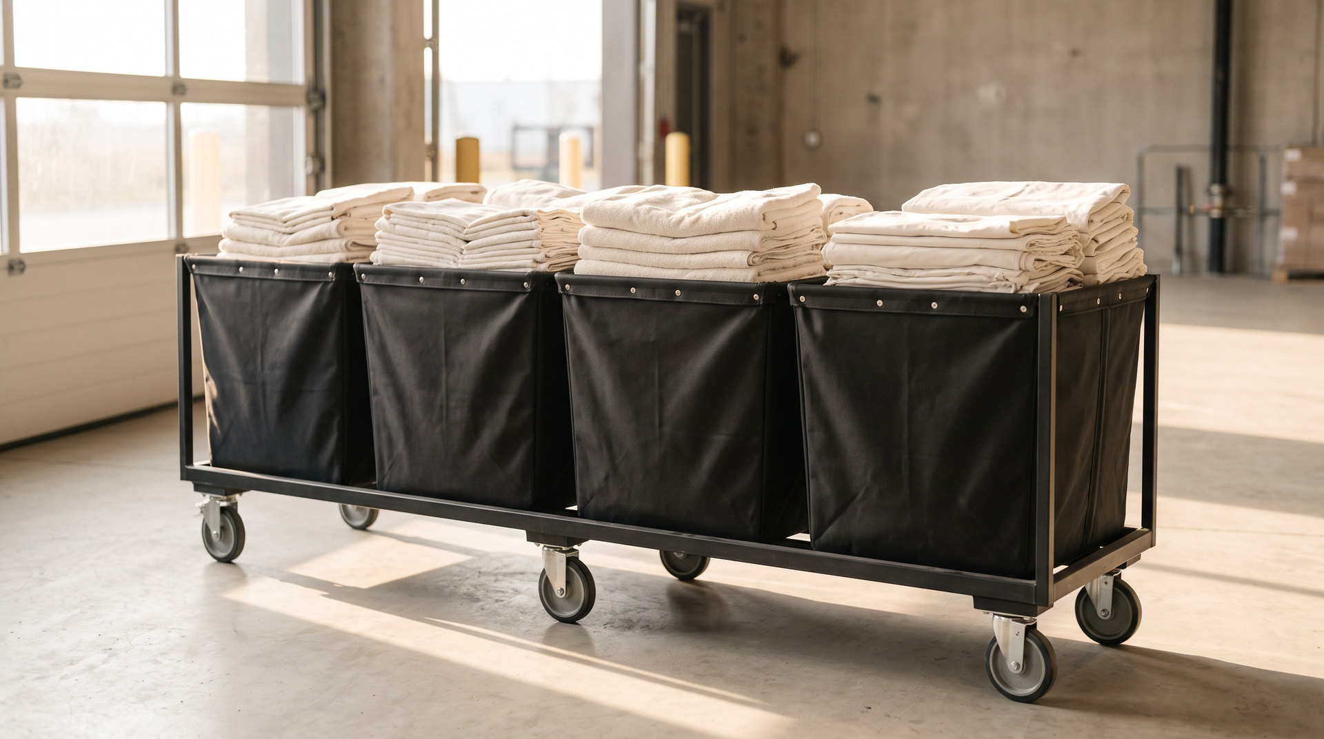 Bins of folded linen on a wheeled rack, staged for a delivery route