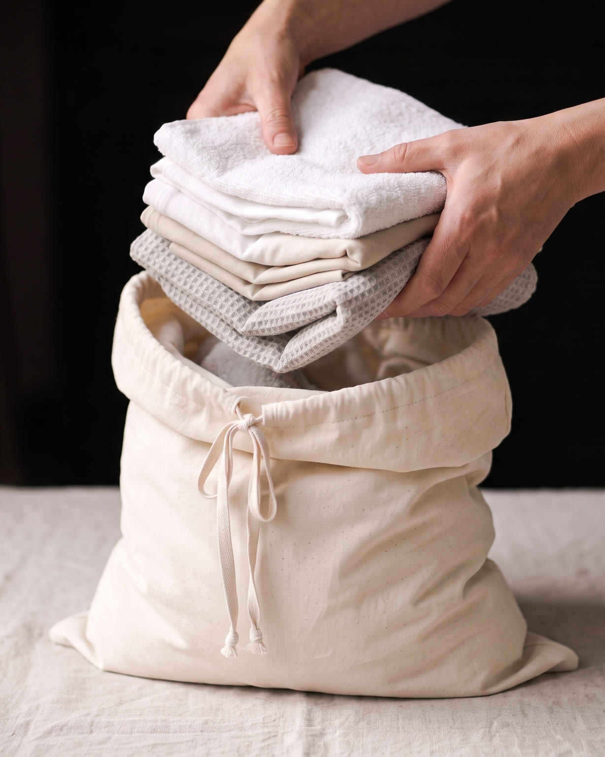 Folded laundry being placed into a natural cotton drawstring laundry bag