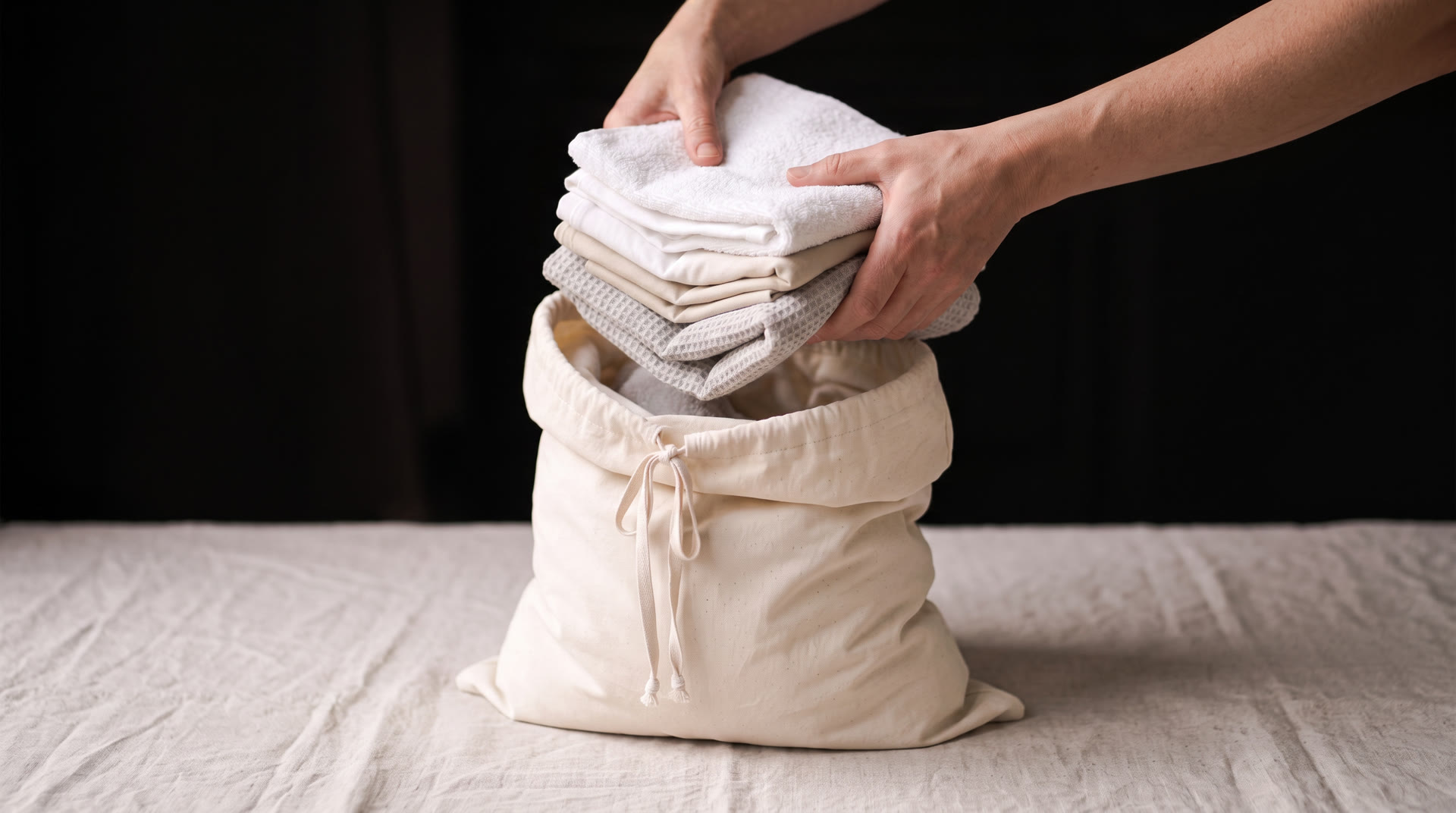 A folded stack of laundry being lowered into a natural cotton drawstring bag