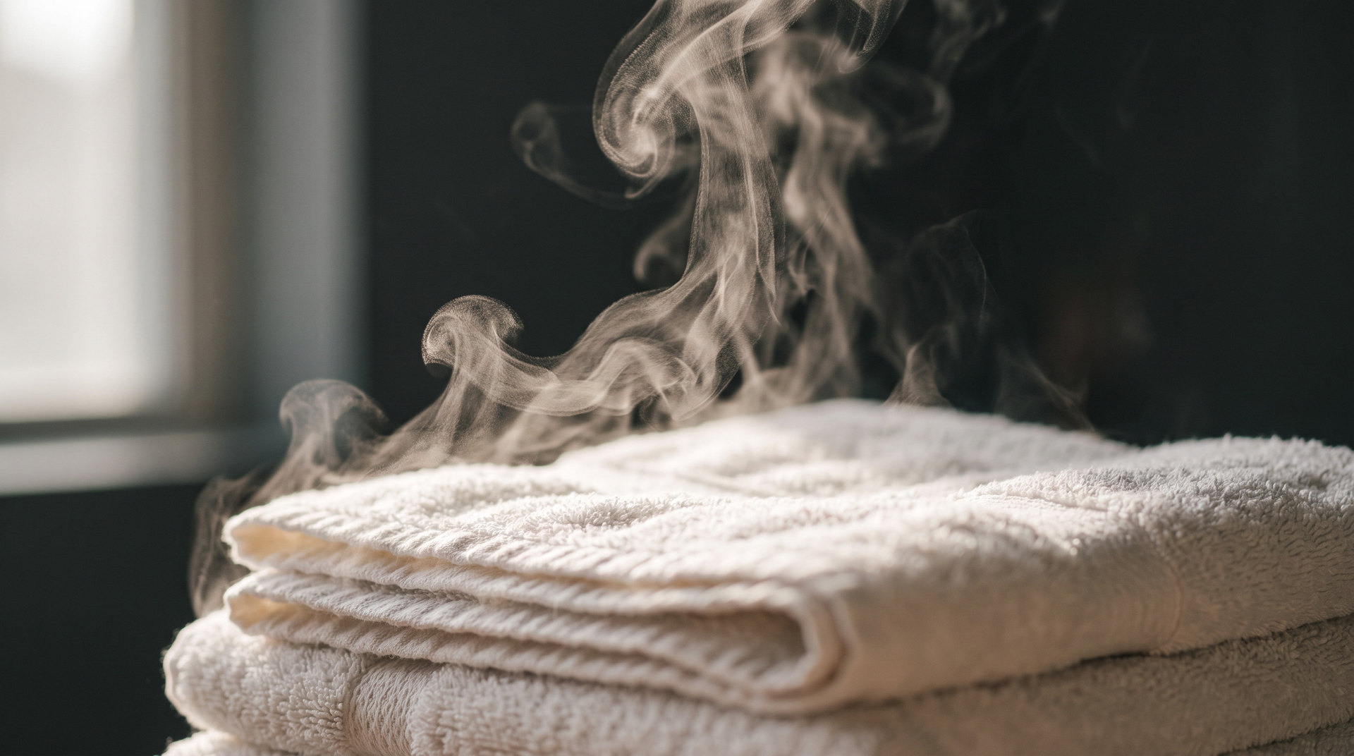 Editorial macro of steam rising off a fresh load of warm white towels