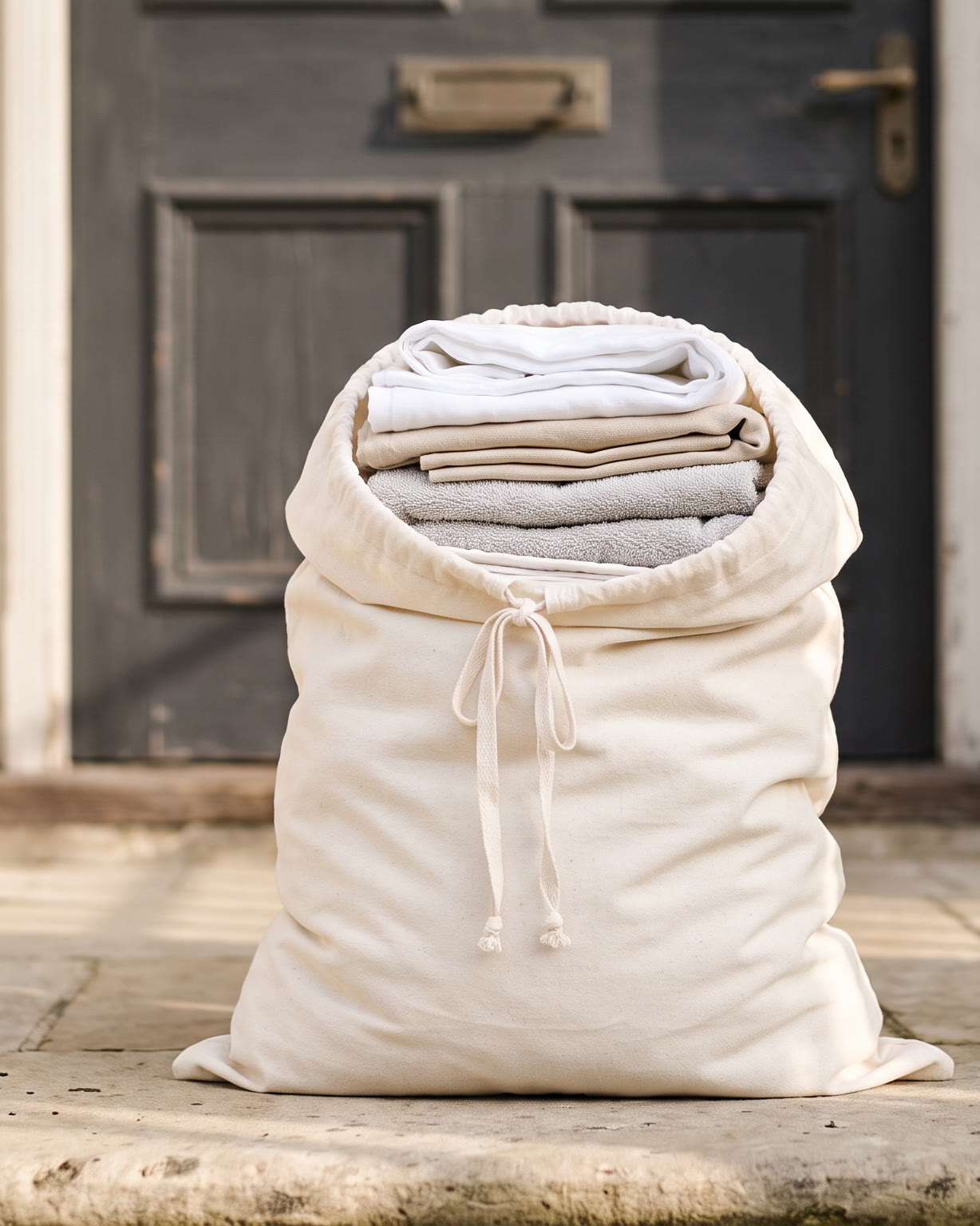 A bag of clean folded laundry set down on a doorstep