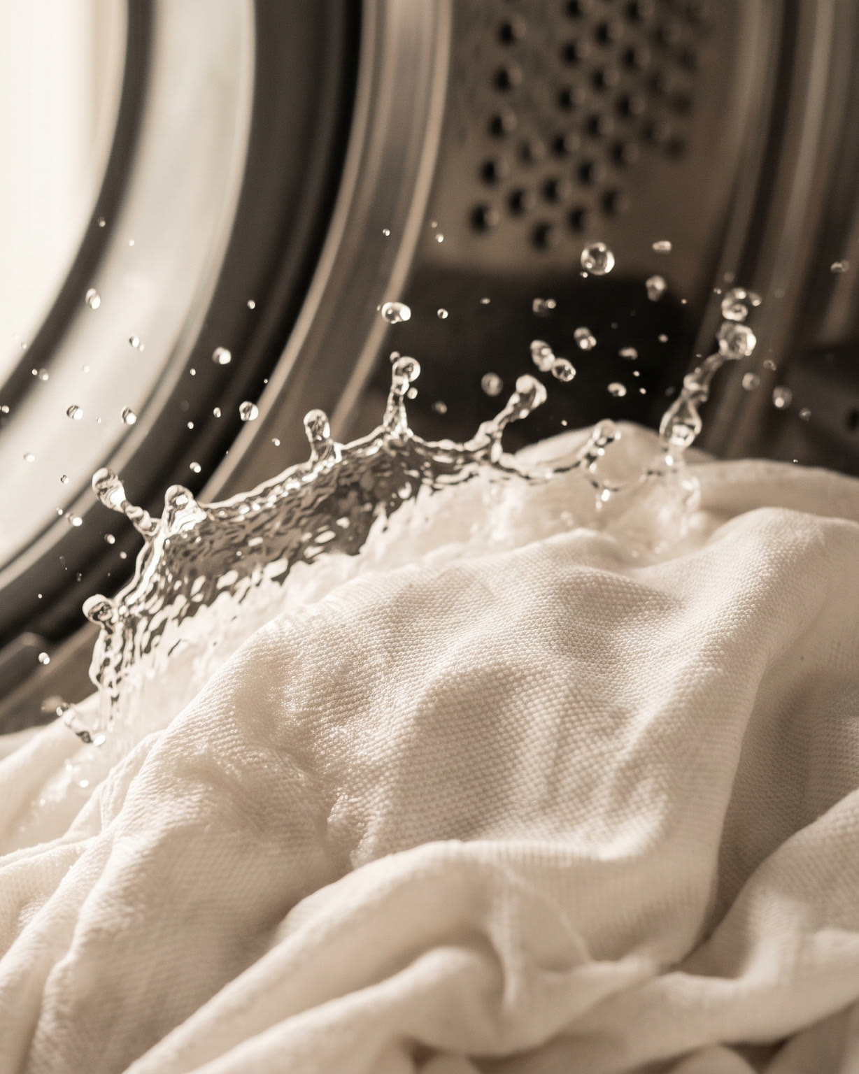 Water breaking over white cotton inside a washing drum