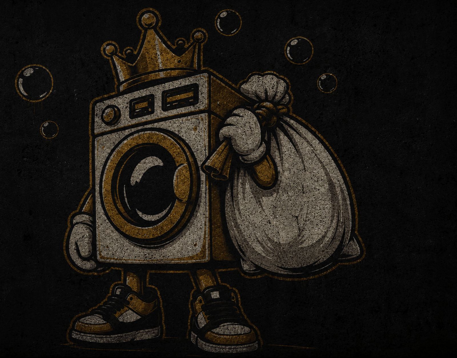 The Bag Chasers mascot, a crowned washing machine carrying a laundry bag