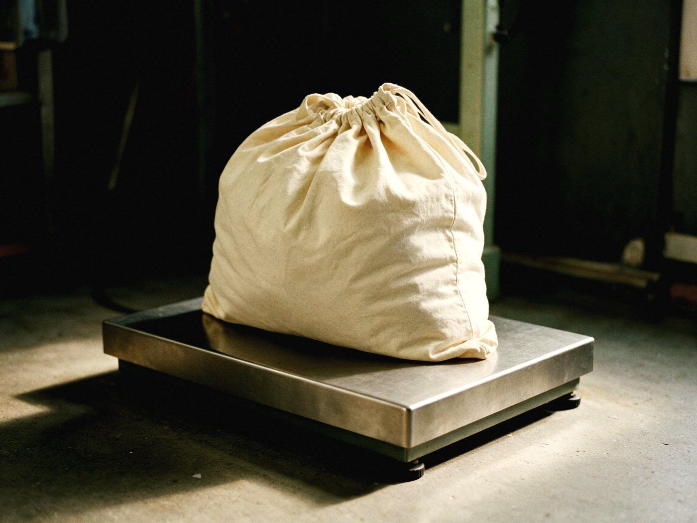A laundry bag on a scale, weighed before pricing