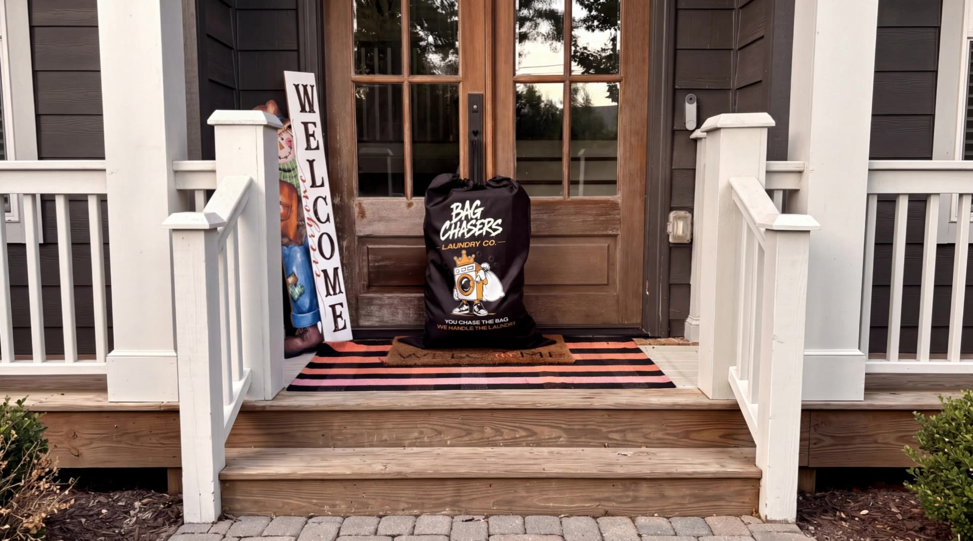 A Bag Chasers laundry bag waiting on a front doorstep at dusk