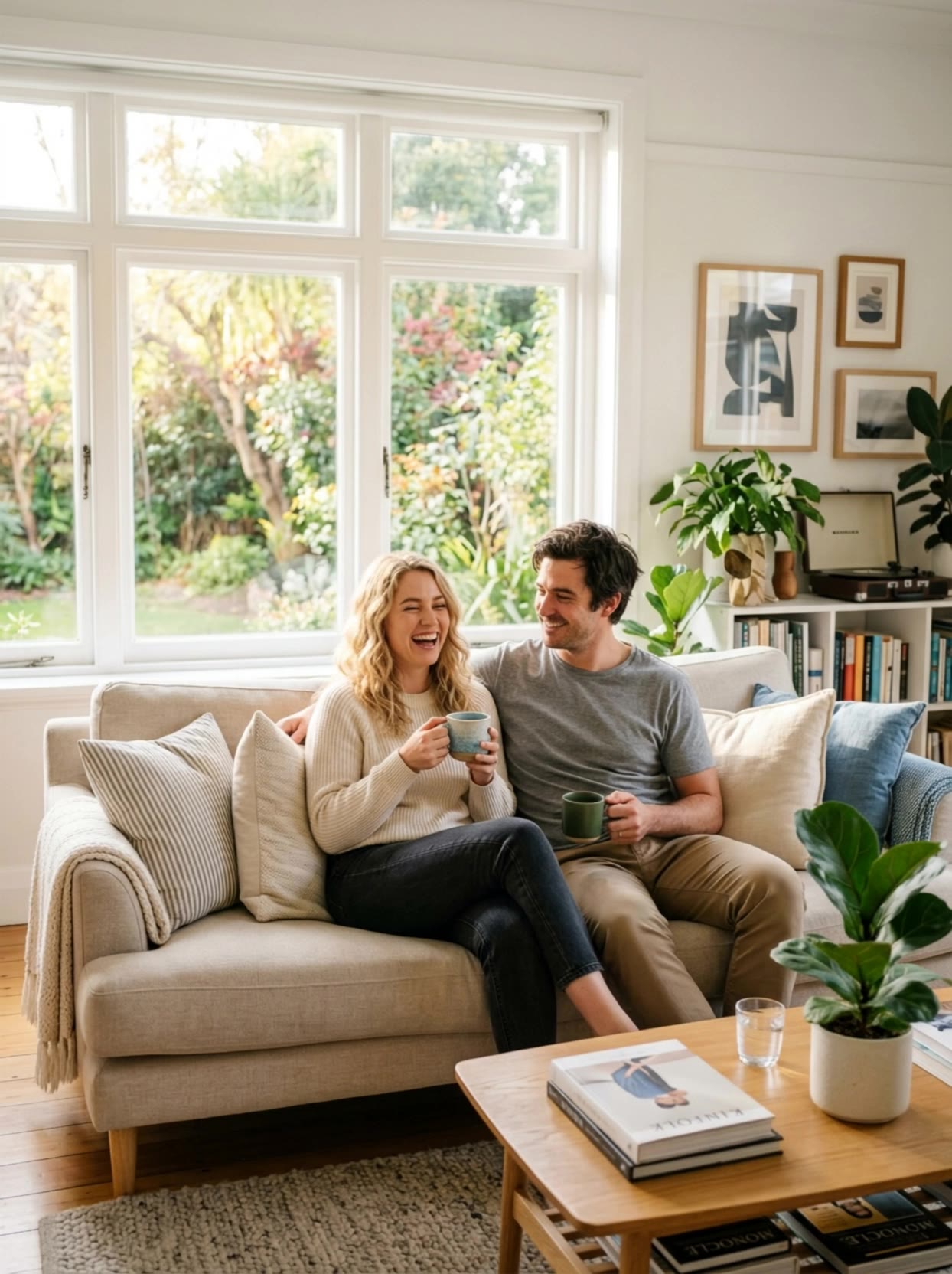 Two people laughing over coffee on the sofa on a Sunday morning